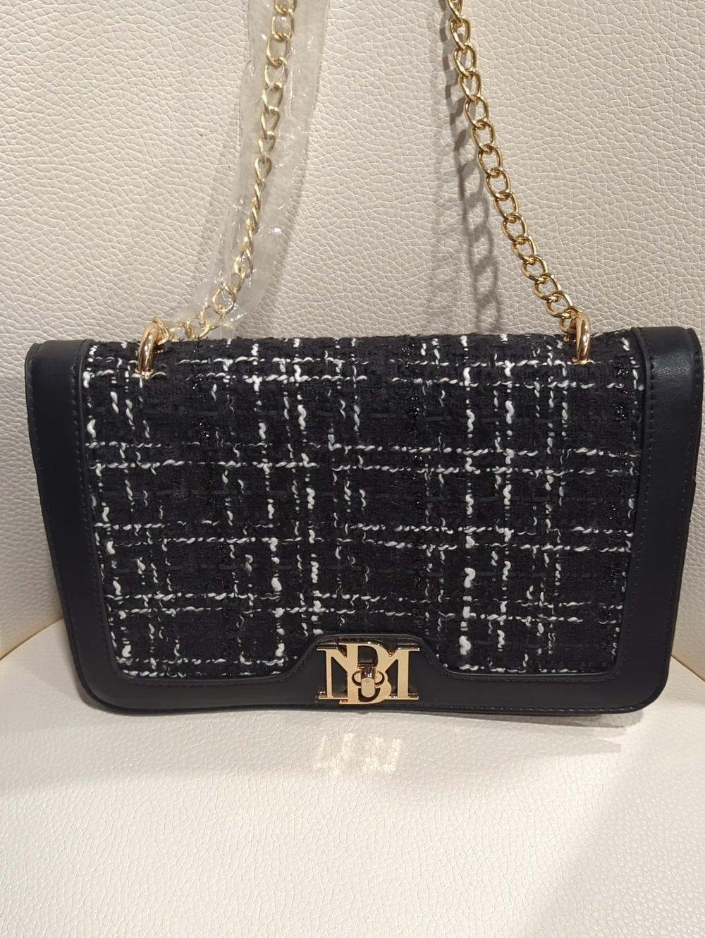 Badgley Mischka Black and White Tweed Crossbody with Gold Chain